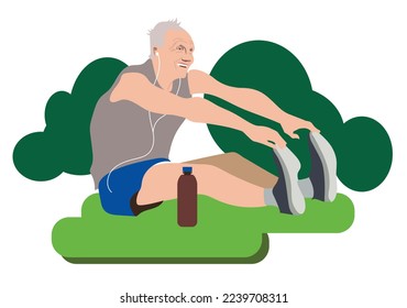 Elderly man stretches his legs before training.Hand drawn trendy Vector illustration. Cartoon style. Banner, website design templates