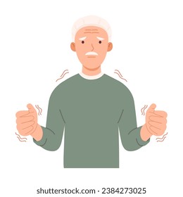 Elderly man struggling to move with trembling hands is a symptom of Parkinson's disease.
A neurological illness caused by panic, fear. Vector icon illustration