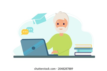 An elderly man studying with laptop and books. Online education concept. Stay at home. Self-isolation. Vector illustration in flat style.	