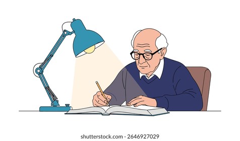 Idoso Estudando e Escrevendo Sob a Lâmpada de Mesa Iluminação com Livro e Lápis Focado no Trabalho e Aprendizagem