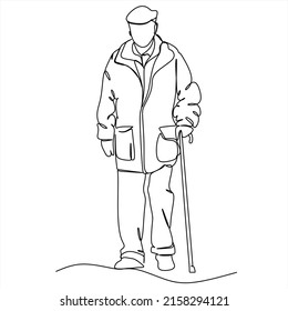 Elderly man in the style of continuous art of drawing. Minimalistic black linear sketch isolated on white background. Vector illustration