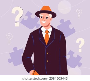 Elderly man in stylish suit and hat, smiling confidently. Abstract background with puzzle pieces and question marks, symbolizing mystery