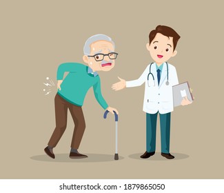 elderly man suffering from back pain.Old man with a cane.Grandfather suffering from back pain. Senior man sick.Senior disease see doctor.