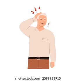 Elderly man suffering from a headache, touching his head with a pained expression. Senior experiencing pain and discomfort due to migraine or stress with red pain symbols. Flat vector illustration.