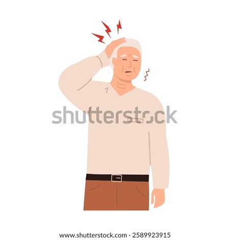 Elderly man suffering from a headache, touching his head with a pained expression. Senior experiencing pain and discomfort due to migraine or stress with red pain symbols. Flat vector illustration.