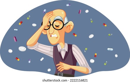 
Elderly Man Suffering from Headaches Feeling Dizzy Vector Illustration. Sick senior grandpa feeling his head spinning taking medication
