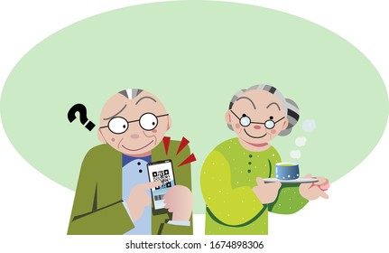 Elderly man suffering from smartphone operation and payment