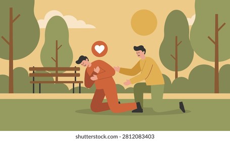 Elderly man suffering from sudden heart attack in park while caring bystander kneels to offer emergency assistance.
