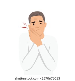 Elderly man suffering from sudden toothache feel unhealthy unhappy need dental service help. Flat vector illustration isolated on white background