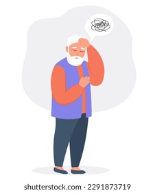 An elderly man suffers from migraine, confusion, memory loss, dementia. Mental age-related diseases. Vector flat graphics.