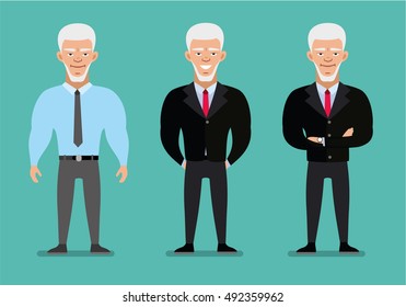An elderly man in a suit in different poses smiles. Cartoon character. Flat illustration