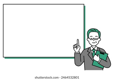 Elderly man in a suit holding a clipboard and explaining on a whiteboard