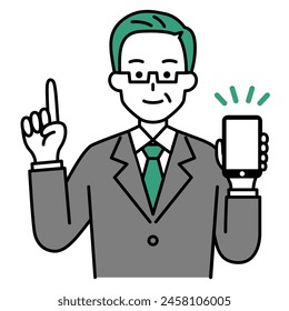 An elderly man in a suit holding a smartphone and explaining