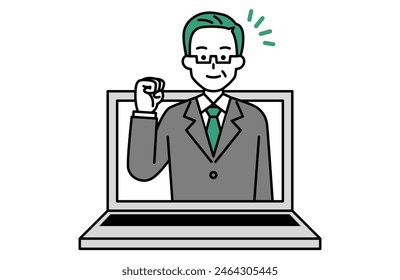 An elderly man in a suit providing online support