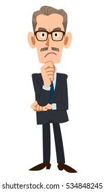 An elderly man in a suit thinks