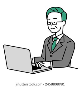 Un hombre mayor en un traje trabajando en una laptop