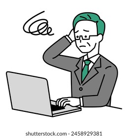An elderly man in a suit working on a laptop looking troubled