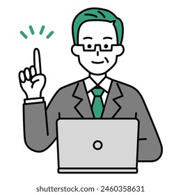 An elderly man in a suit works on a laptop, coming up with ideas