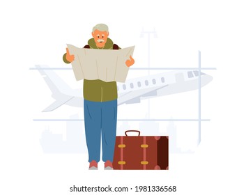 Hombre Mayor Con Maleta En El Aeropuerto. Ilustración de vectores planos.