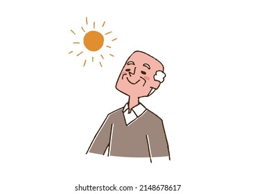 Elderly man in the sun Comical handwritten person vector, line drawing in color
