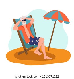 Elderly Man Sunbathing On The Beach. The Concept Of Active Old Age. Day Of The Elderly. Flat Cartoon Vector Illustration.