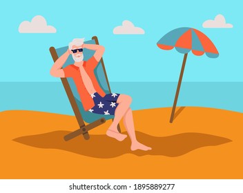 Elderly Man Sunbathing On The Beach.The Concept Of Active Old Age. Day Of The Elderly. Flat Cartoon Vector Illustration.