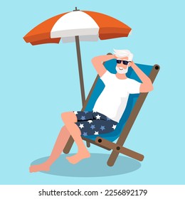 Elderly man sunbathing on the blue background.The concept of active old age. Day of the elderly. Flat vector illustration.