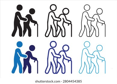 Elderly man supported by younger person walking with a cane, collection of vector icons in solid, outline, and two-tone styles.