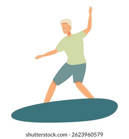 Elderly man is surfing on a surfboard, enjoying his retirement