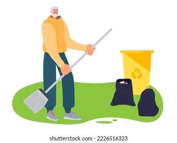 Elderly man sweeping garbage. Black trash bags, yellow trash container. Senior man with gray hair and beard wearing casual clothes. Waste management. Colored flat cartoon vector illustration isolated.