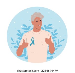 Elderly man and a symbol of mens health.  June 11 - World Prostate Cancer Day. Prostate cancer awareness ribbon with.