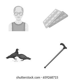 Elderly man, tablets, pigeons, walking cane. Old age set collection icons in monochrome style vector symbol stock illustration web.