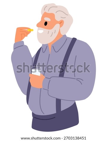 Elderly man takes pills. Old man holds capsule and glass of water in hands. Medicaments for treatment. Senior patient care. Prescription remedy. Pharmacy tablets dose for grandfather. Vector concept