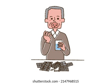 Elderly man taking a lot of medicine Comical handwritten person Vector, line drawing and color