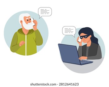 Elderly man talking to female scammer with laptop illustrating online fraud concept