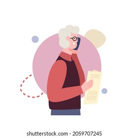 Elderly man talking on cell phone at abstract decorative backdrop, cartoon vector illustration isolated on white background. Communication mobile technology for seniors.
