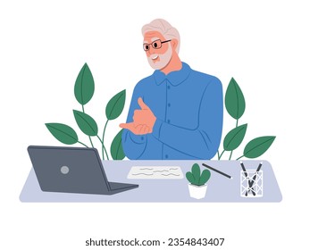 Elderly man talking on video call using sign language, talking to patient with hearing impairment, deafness, showing gestures on screen.