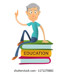 Elderly man teacher reads sitting on stack of giant books. Concept of education for the elderly. Vector cartoon illustration. Senior person shares knowledge