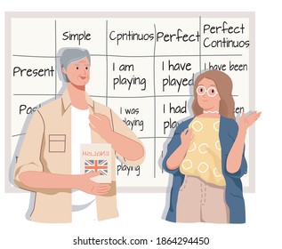 elderly man teacher teaching english to young girl student, english textbook in teacher's hands on blackboard background, flat vector illustration
