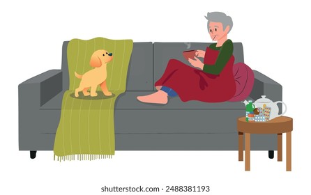 Elderly Man with Thermometer in Mouth Sitting on Sofa Covered with Blanket. Old Man Measuring Temperature. Senior Character Suffer of Fever due to Covid or Flu. Cartoon People Vector Illustration