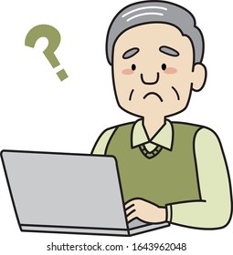 Elderly man thinking about internet with question mark 