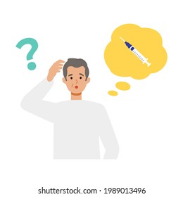 Elderly man is thinking about vaccination. Concept for coronavirus vaccination. Vector flat illustration.