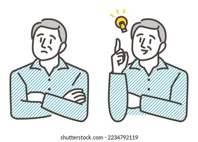 Elderly man thinking and having trouble, and elderly man smiling after solving a problem [Vector illustration].