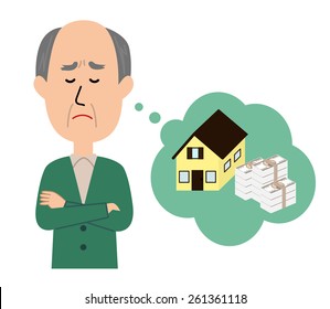 An elderly man thinking with his arms crossed, inheritance and money issue, vector illustration