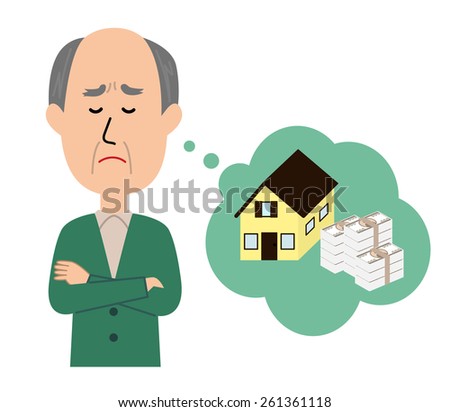 An elderly man thinking with his arms crossed, inheritance and money issue, vector illustration
