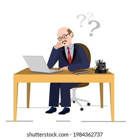 Elderly man thinking looking at laptop. The man was lost in thought in the office. Question mark. Vector image of a person for animation. Editable strokes. All details on separate layers with names 
