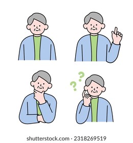 An elderly man is in a thinking pose, questioning, and pointing her finger, simple style vector illustration.