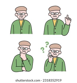 An elderly man is in a thinking pose, questioning, and pointing her finger, simple style vector illustration.