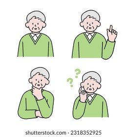 An elderly man is in a thinking pose, questioning, and pointing her finger, simple style vector illustration.