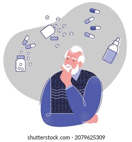 elderly man thought about the choice of medicines. grandpa chooses tablets or pills. concept on the topic of pharmacology and the elderly people. flat drawing in a trendy style. stock vector EPS 10.